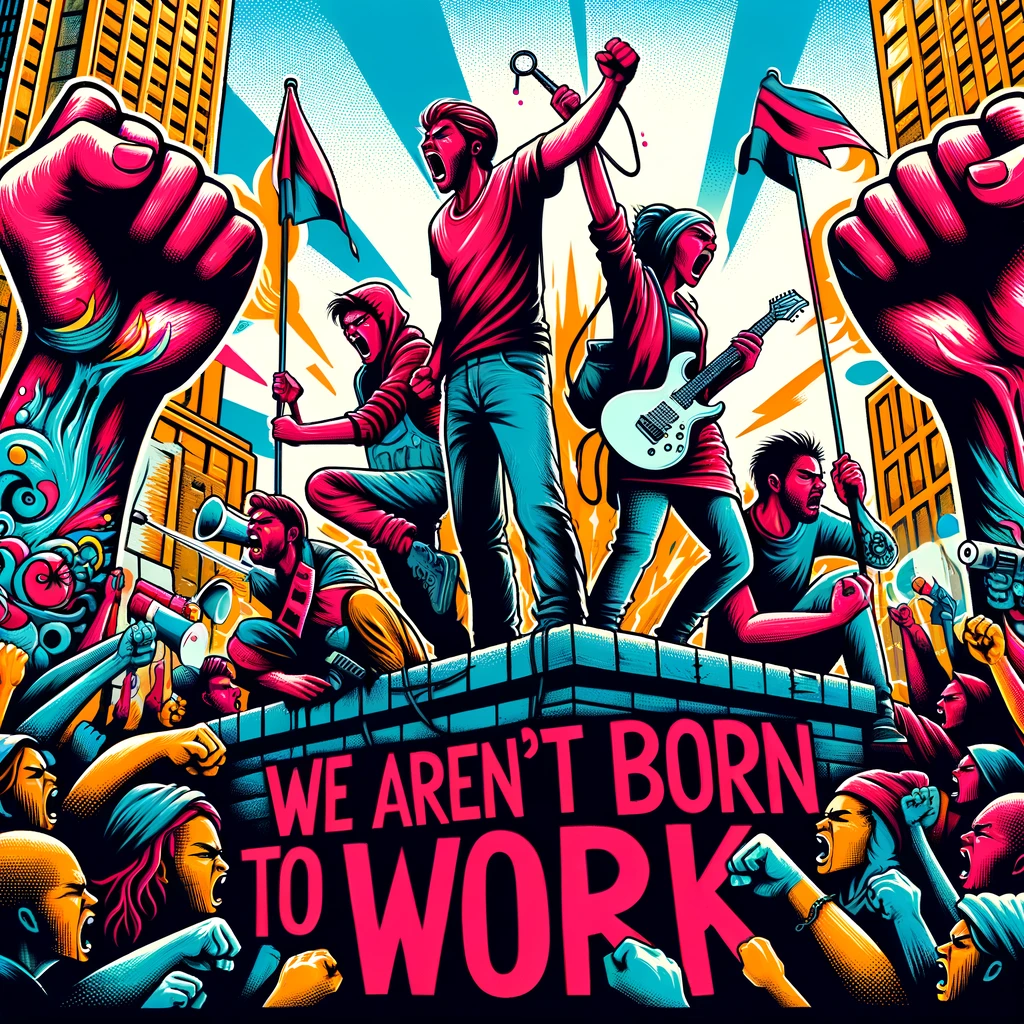 DALL·E 2024-03-18 19.11.59 - Create a vibrant, street art-style image that could be used as a cover for a podcast titled 'We Weren't Born To Work', but without including any text